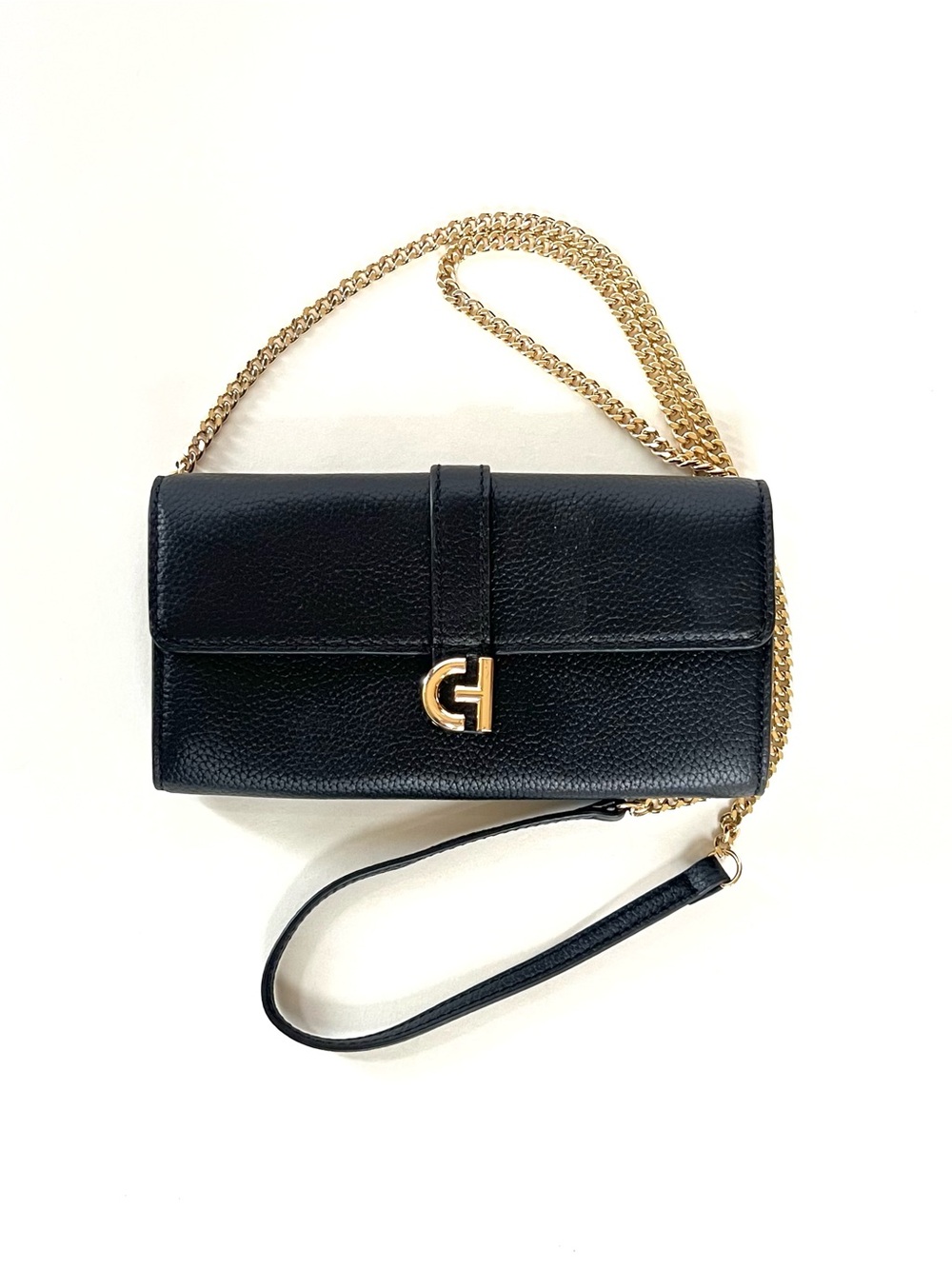 Cole Hahn Black Pebbled Leather Chain Crossbody Bag Clutch Gold Hardware